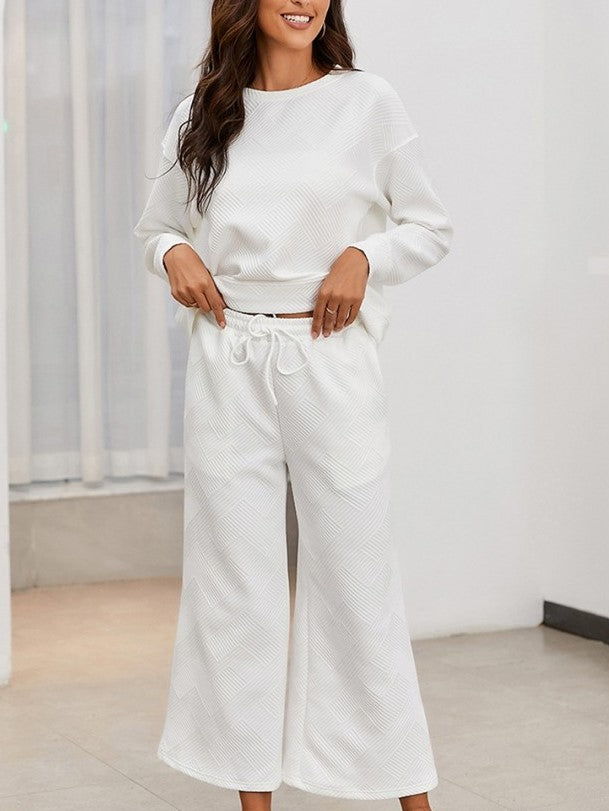 Leisure Wear Crew Neck Long Sleeve Wide Leg Textured Trouser Set