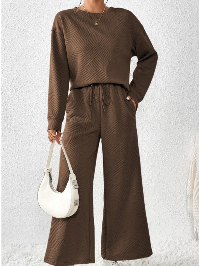 Leisure Wear Crew Neck Long Sleeve Wide Leg Textured Trouser Set