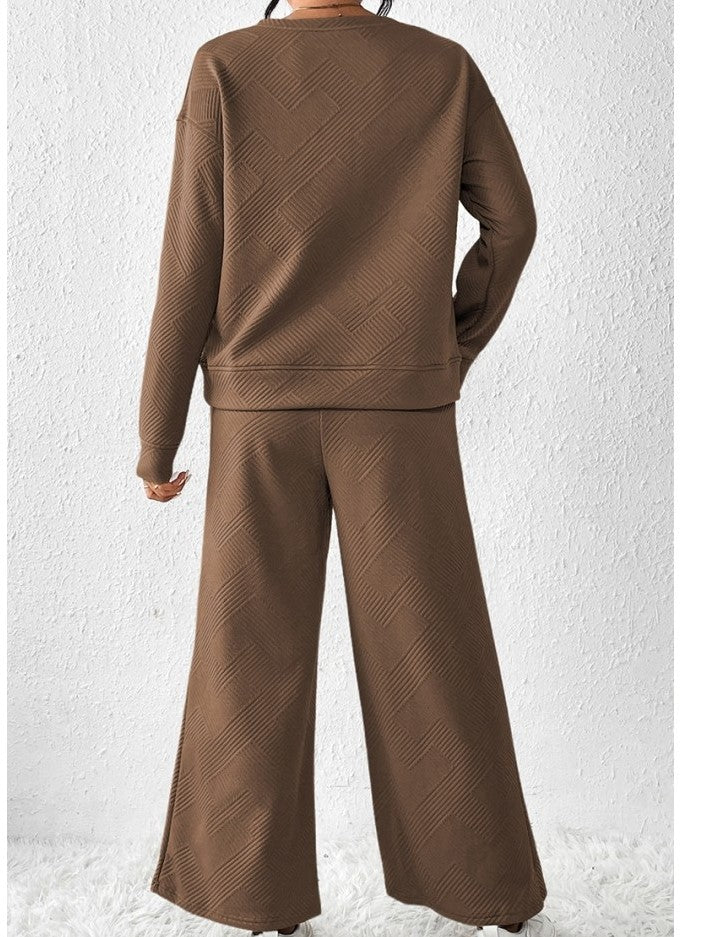 Leisure Wear Crew Neck Long Sleeve Wide Leg Textured Trouser Set