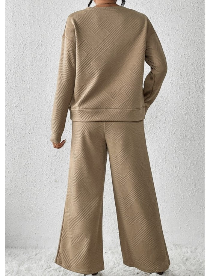 Leisure Wear Crew Neck Long Sleeve Wide Leg Textured Trouser Set
