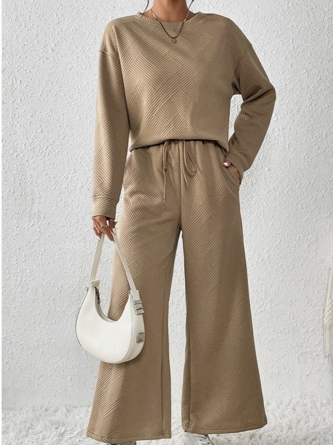 Leisure Wear Crew Neck Long Sleeve Wide Leg Textured Trouser Set