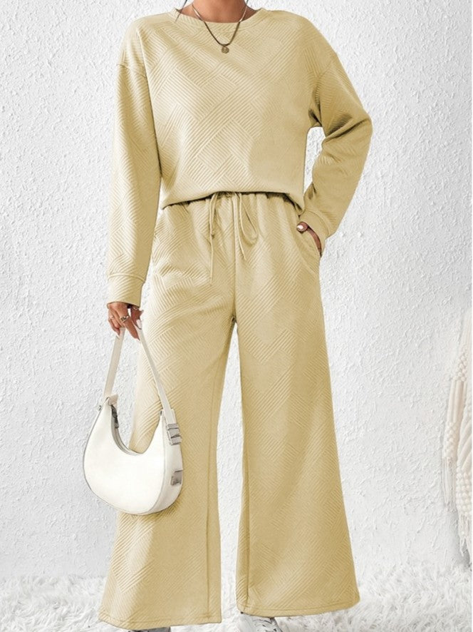 Leisure Wear Crew Neck Long Sleeve Wide Leg Textured Trouser Set