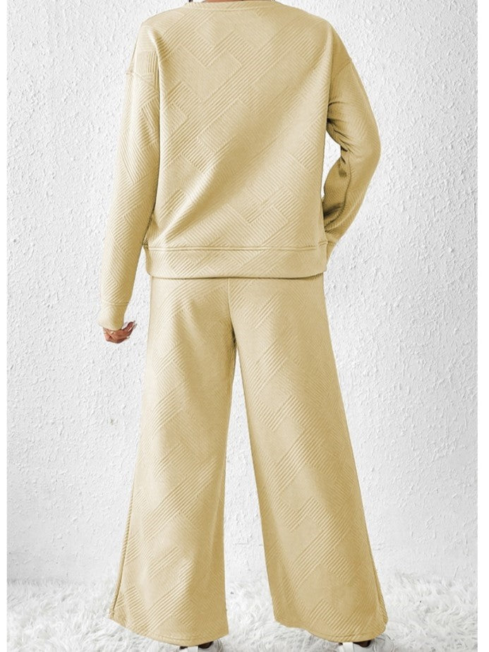 Leisure Wear Crew Neck Long Sleeve Wide Leg Textured Trouser Set