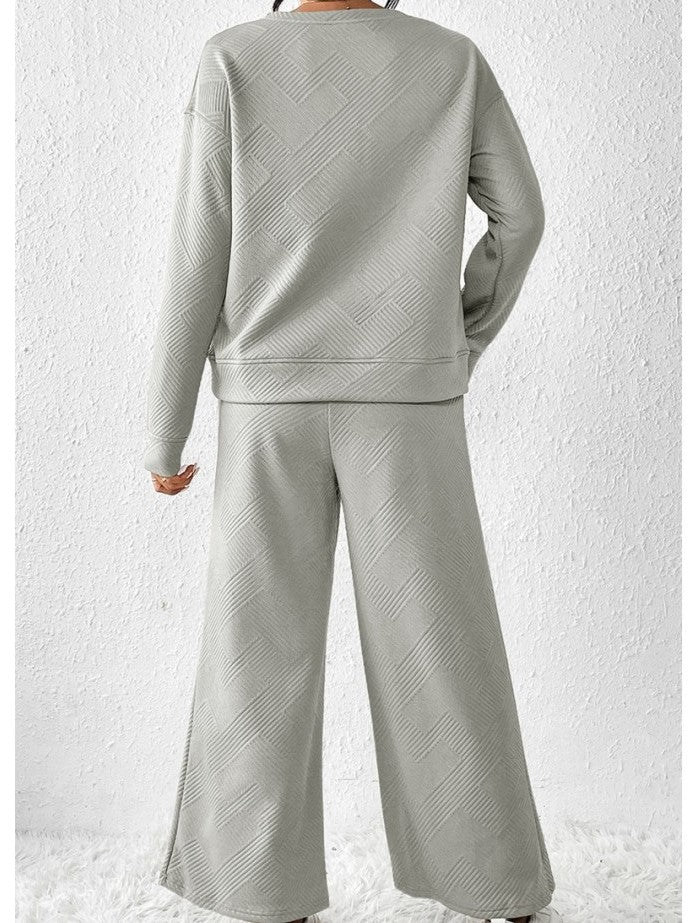 Leisure Wear Crew Neck Long Sleeve Wide Leg Textured Trouser Set