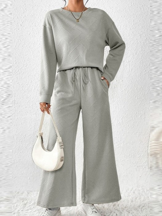 Leisure Wear Crew Neck Long Sleeve Wide Leg Textured Trouser Set