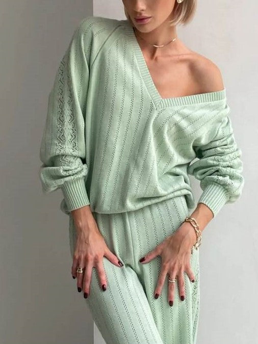 Leisure Wear V Neck Loose Green Pant Set