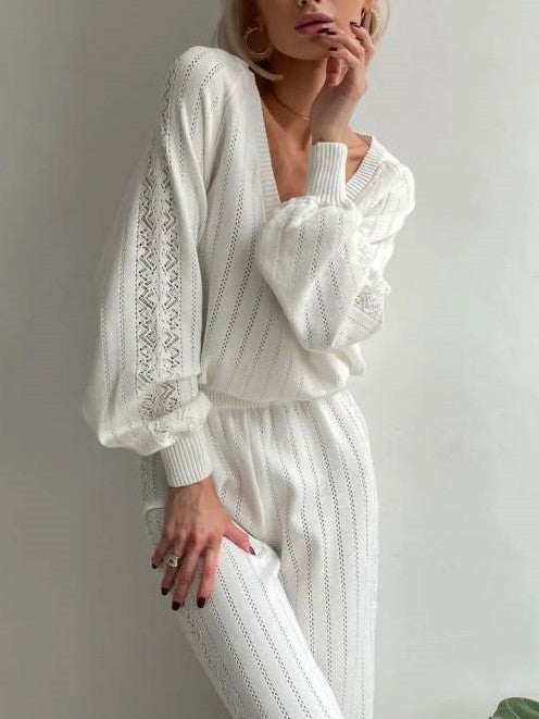 Leisure Wear V Neck Loose White Pant Set
