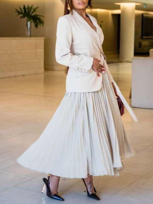Modern Pleated Long Sleeve Blazer Skirt Set
