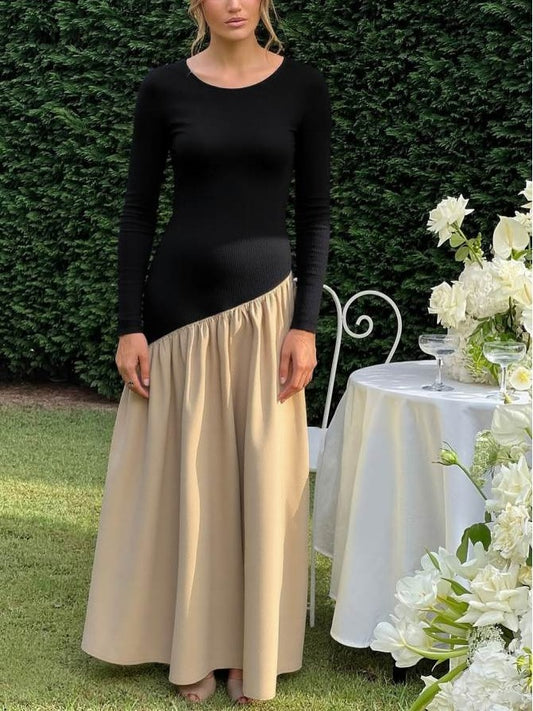 Modern Ruched Long Sleeve Contrast Color Maxi Dress