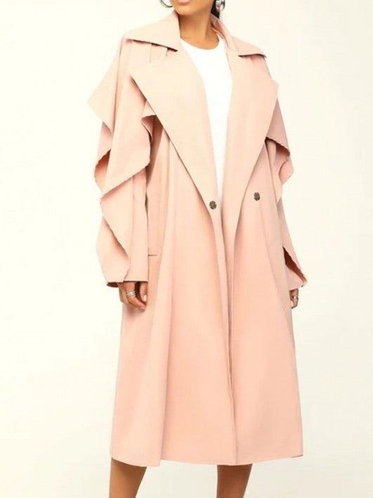 Modern Ruffles Long Sleeve Apricot Trench Coat - Ships in 24 Hrs