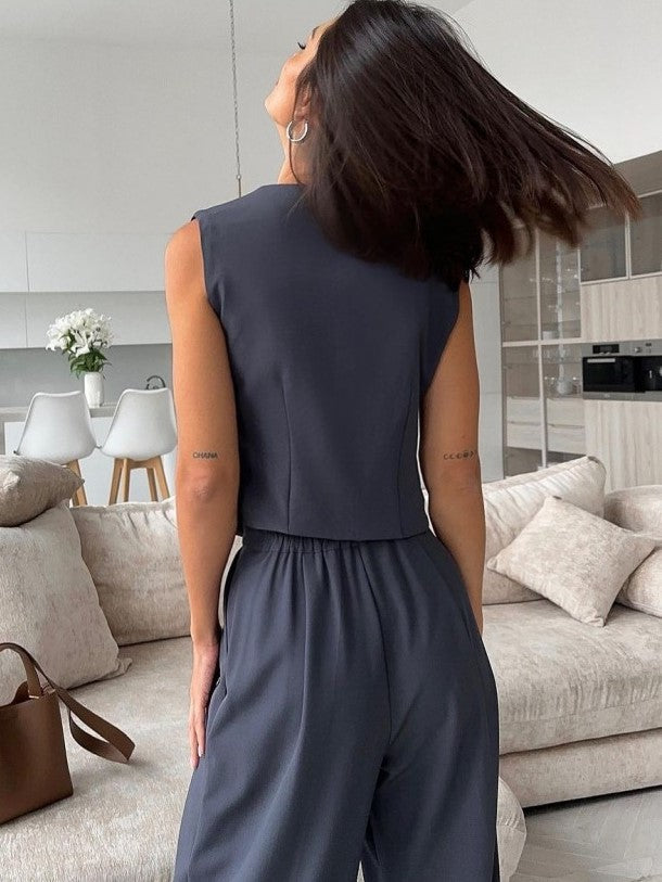 Modern Single Breasted Sleeveless Pants Suit Set