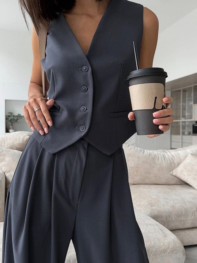 Modern Single Breasted Sleeveless Pants Suit Set