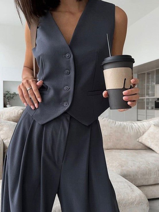 Modern Single Breasted Sleeveless Pants Suit Set