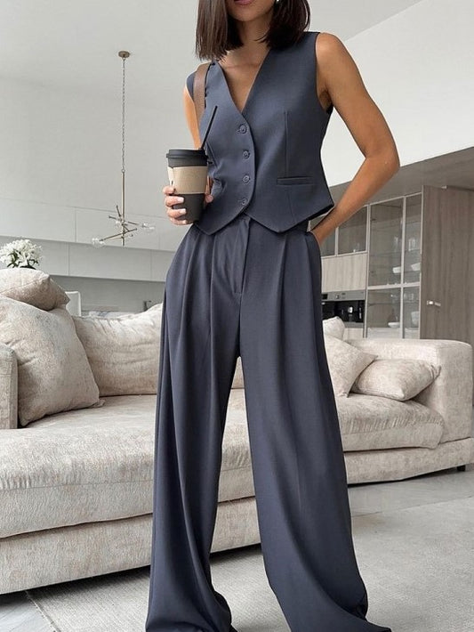 Modern Single Breasted Sleeveless Pants Suit Set