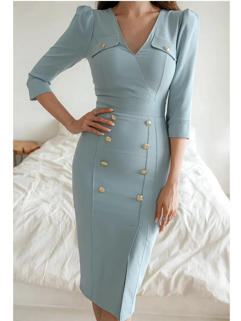 Modish V Neck Double Breasted Blue Pencil Dress