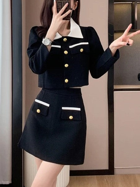 New Arrival Colorblock Short Coat Top With Bodycon Pencil Skirt Black Set