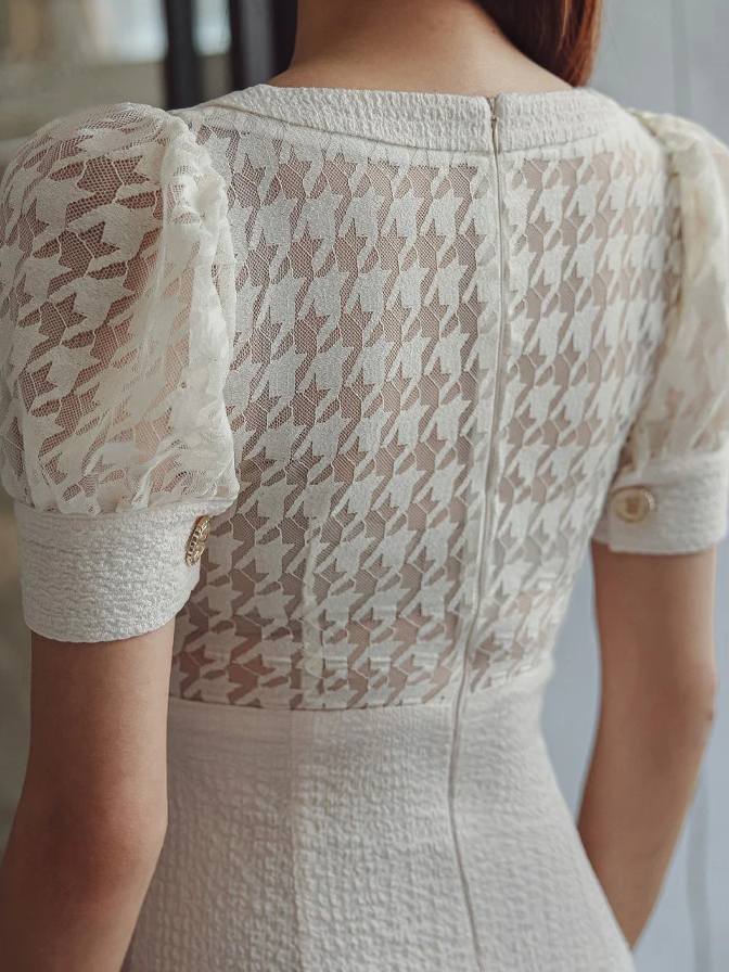 New Arrival Houndstooth Short Sleeve Apricot Dress