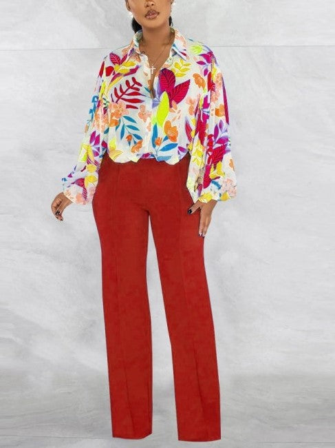 New Arrival Lantern Sleeve Shirt With Pants Red Set