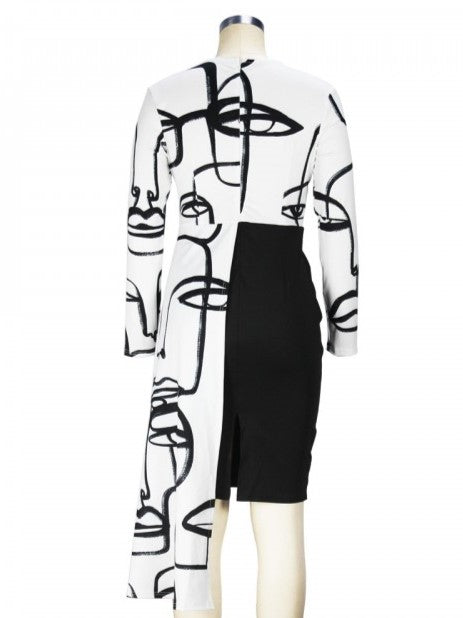 New Style Printed Irregular Crew Neck White Dress