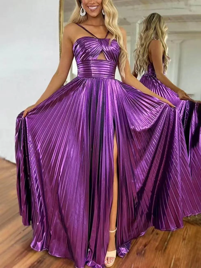 Party Exclusive Metallic Pleated Slit Halter Hollow Out Purple Maxi Dress