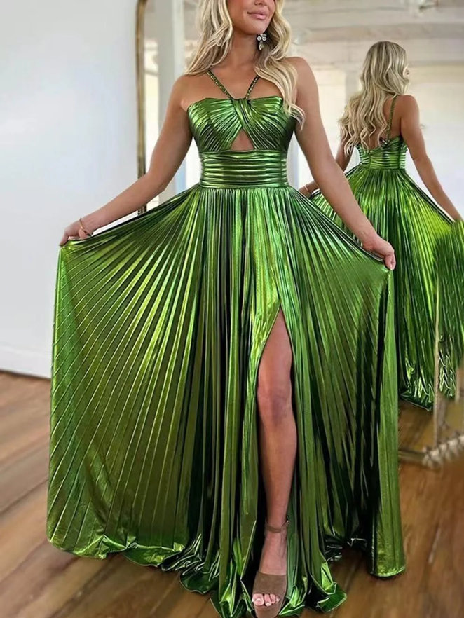 Party Exclusive Metallic Pleated Slit Halter Hollow Out Green Maxi Dress