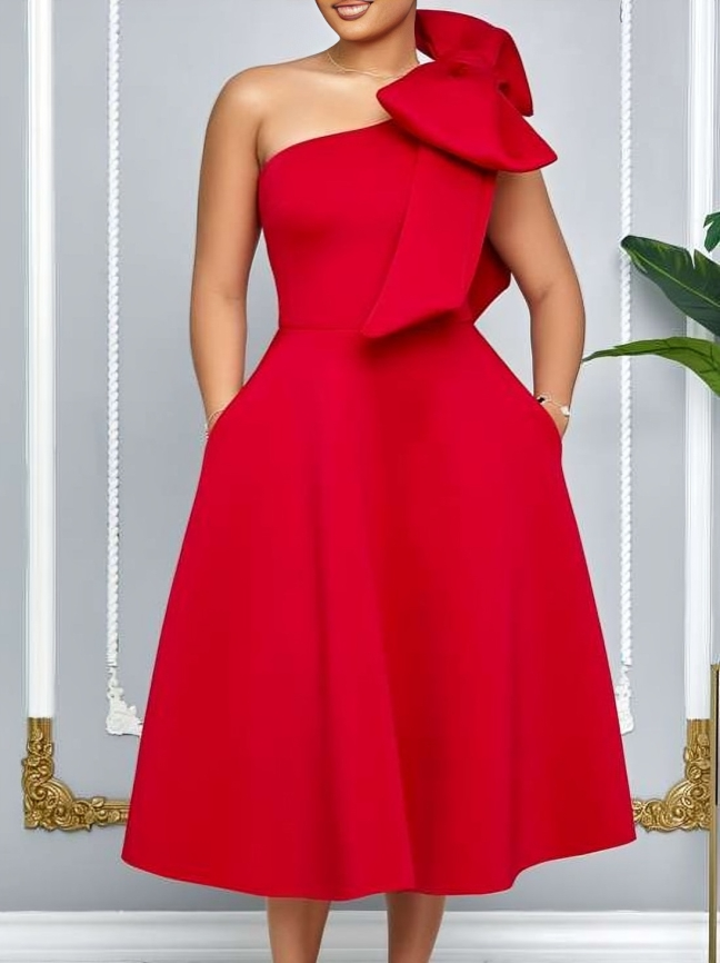 Party Fashion One Shoulder Bow Swing Red Midi Dress