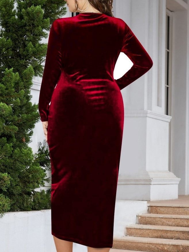 Party Fashion V Neck Red Ruched Dress - Ships in 24 Hrs