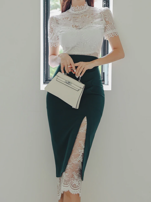Polished White Lace Top With Skirt Co ord Set - Ships in 24 Hrs