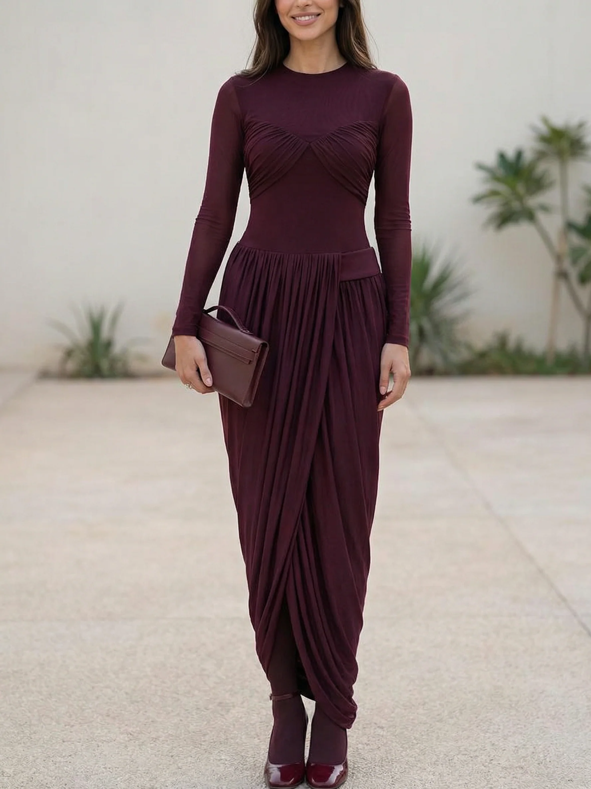 Premium Fashion Draped Pleated Long Sleeve Maxi Dress