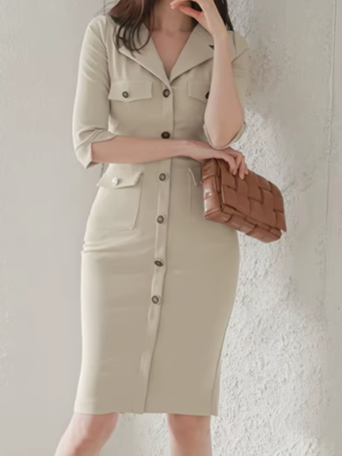 Sophisticated Apricot Single Breasted Bodycon Dress - Ships in 24 Hrs