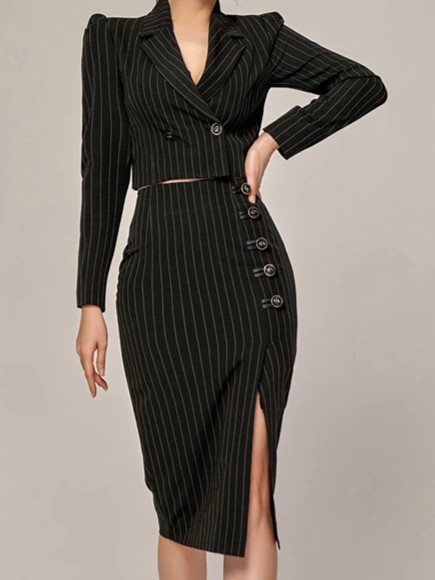 Premium Stripped Crop Blazer With Pencil Skirt Set