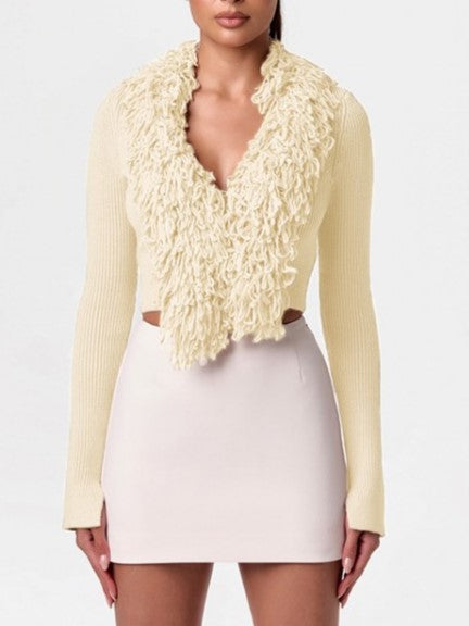 Premium Winter Fashion Fluff Tassel Bodycon Apricot Cropped Cardigan