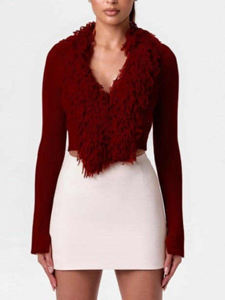 Premium Winter Fashion Fluff Tassel Bodycon Red Cropped Cardigan