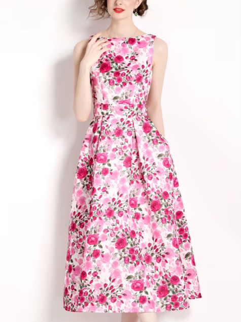 Retro Flower Sleeveless Printed High Waist Pink Party Dress