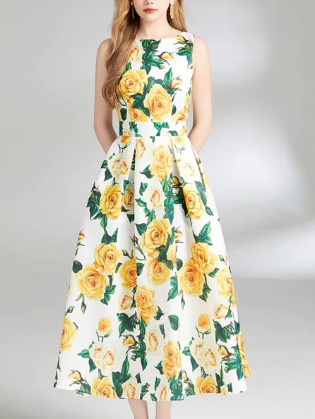 Retro Flower Sleeveless Printed High Waist Yellow Party Dress