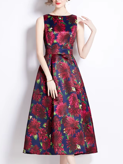 Retro Flower Sleeveless Printed High Waist Red Party Dress