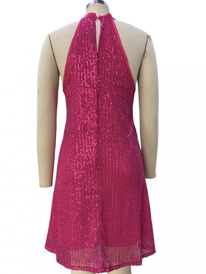 Sexy Sequin Halter Pink Plus Party Dress