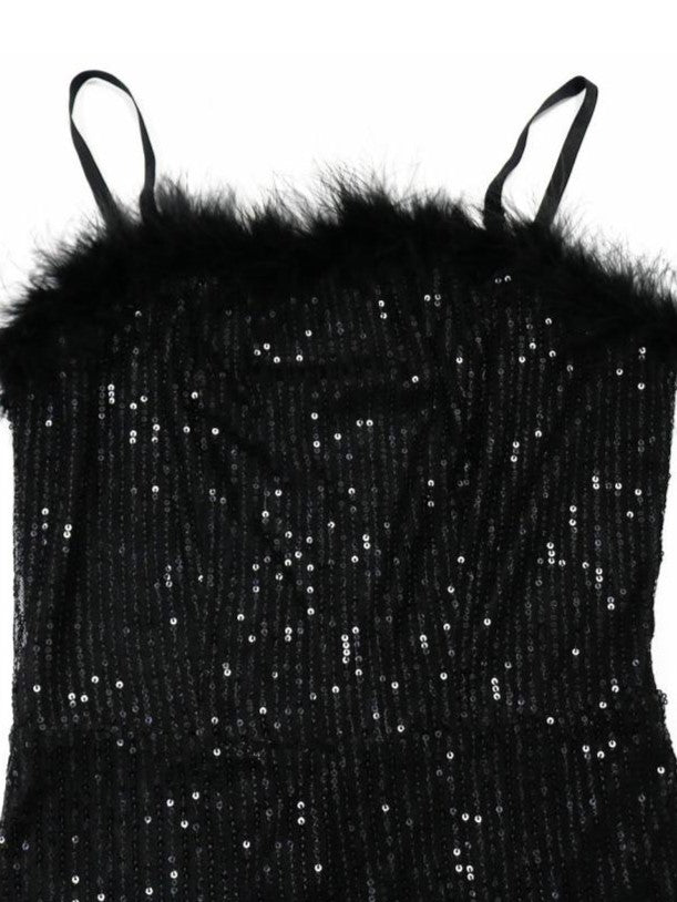 Sexy Sequin Party Wear Fur Patchwork Sleeveless Black Jumpsuit