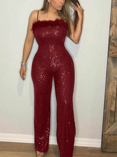 Sexy Sequin Party Wear Fur Patchwork Sleeveless Burgundy Jumpsuit