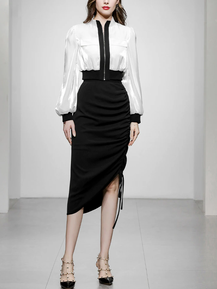 Sharp Look Contrast Zipper Top With High Waist Pencil Skirt Set