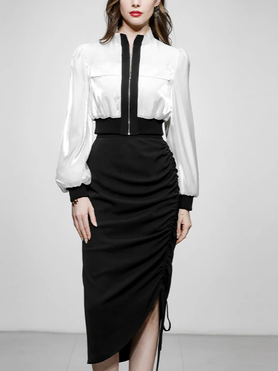 Sharp Look Contrast Zipper Top With High Waist Pencil Skirt Set