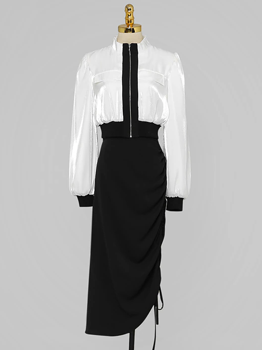 Sharp Look Contrast Zipper Top With High Waist Pencil Skirt Set