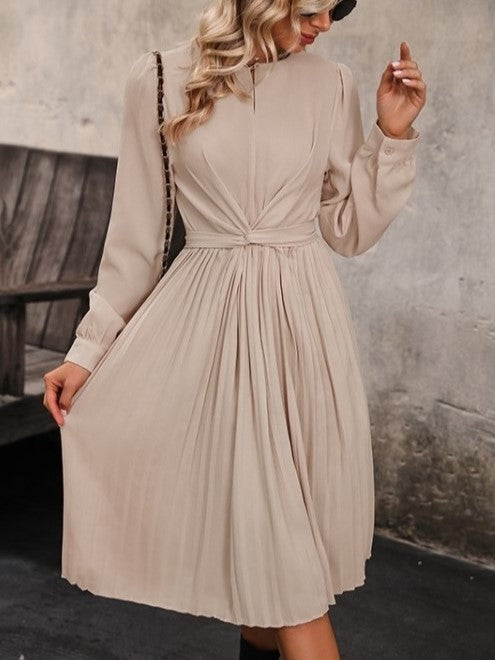 Simple Long Sleeve Pleated Apricot Dress