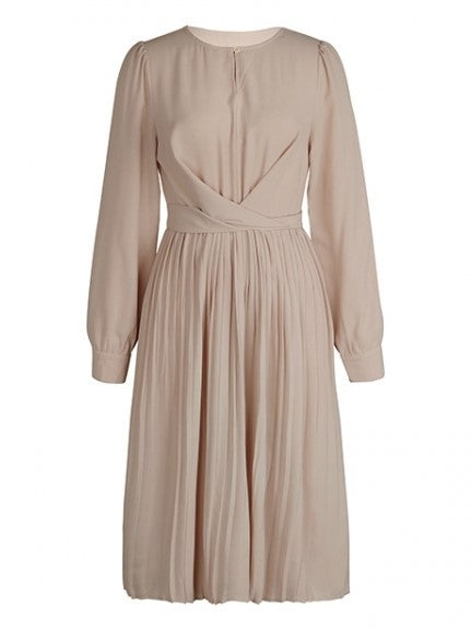 Simple Long Sleeve Pleated Apricot Dress