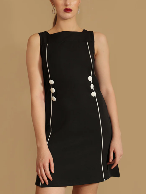 Smart Contrast Button Decor Black Dress