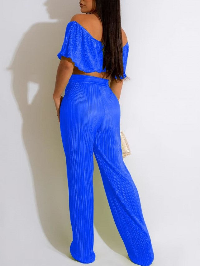 Smart Crop Top With Trouser Blue Set - Ships in 24 Hrs