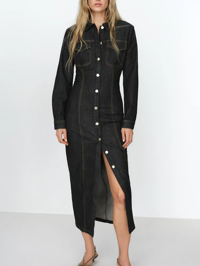 Smart Denim Pocket Decor Collar Black Dress