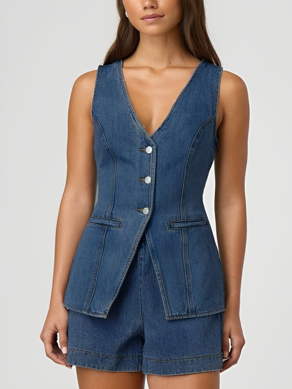 Smart Denim V Neck Button Up Vest Shorts Set