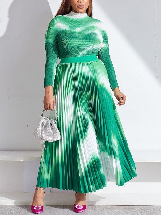 Smart Ruched Long Sleeve Top With Green Skirt Set