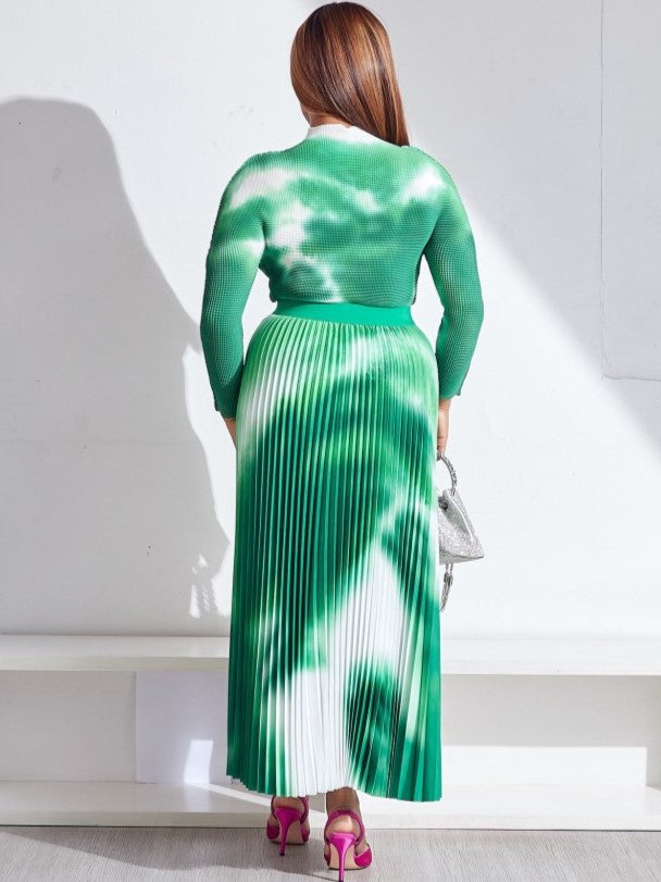 Smart Ruched Long Sleeve Top With Green Skirt Set